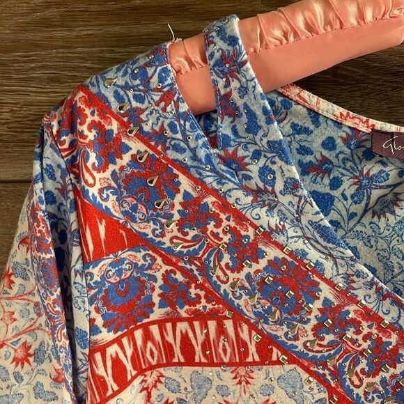Gloria Vanderbilt Womens Embellished Tunic,Asymmetrical,Size 2X,Red,White,Blue - Picture 6 of 8
